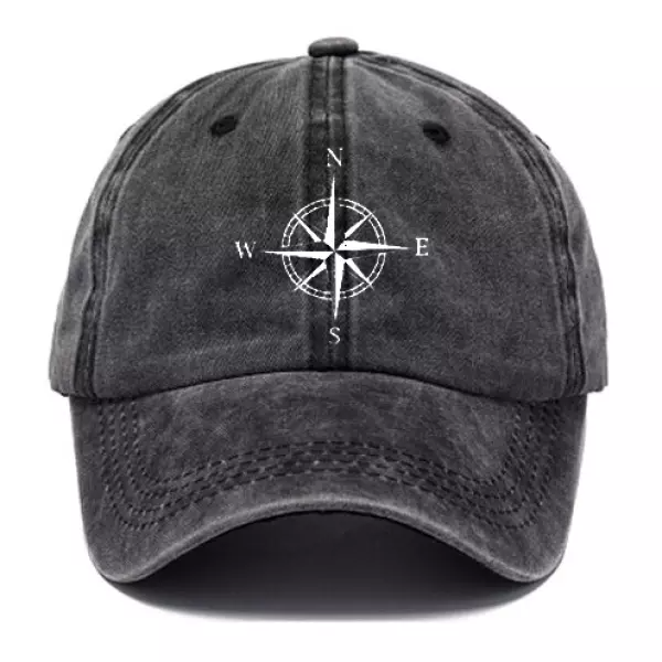 Men's Compass Print Washed Cotton Peaked Cap